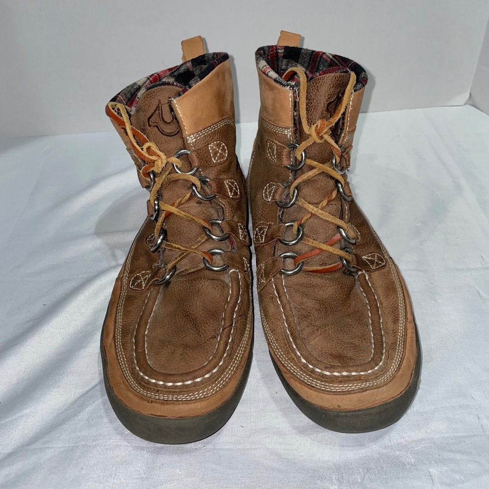 True Religion Mens Leather Moc Toe Boots Brown Plaid Lined‎ TR220104-F03 Size 11 - Picture 5 of 9